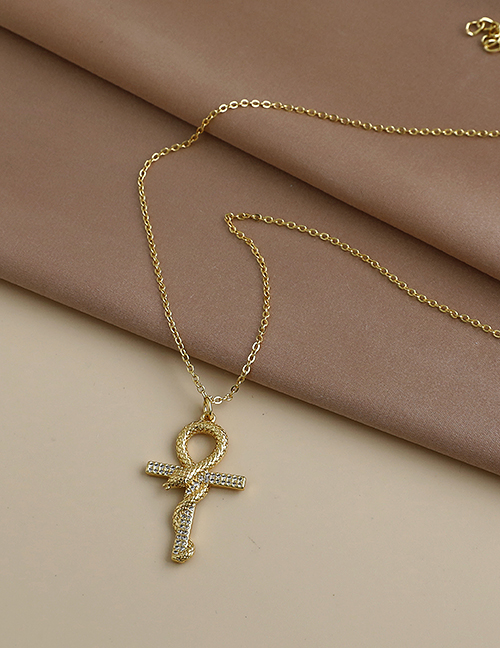 Fashion Golden Copper Inlaid Zircon Fine Chain Cross Serpentine Necklace