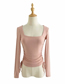Fashion Pink Solid Color Stretch Square Neck Drawstring T-shirt Top