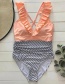 Fashion Stripe Printed Ruffled Pleated Split Swimsuit