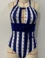 Fashion Blue And White Bars Striped Print High Waist One-piece Swimsuit