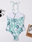 Fashion Blue Leaf Print Halterneck High Waist One-piece Swimsuit
