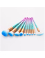 Fashion Pink Green Gradient Set Of 10 Small Fan-shaped Makeup Brushes With Threaded Hook And Rubber Handle Nylon Hair