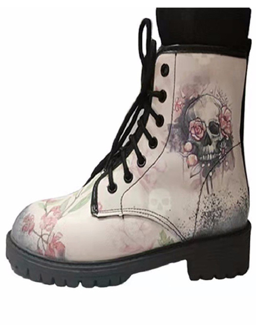 Fashion White Printed Round Toe Lace-up Work Boots