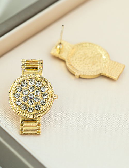 Fashion Gold Alloy Diamond Watch Shape Stud Earrings