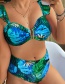 Fashion Blue And Green Leaves Ruffled Sling Print Split Swimsuit