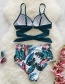 Fashion Blue Top + White Palm Leaves Lace-up Sling Print Split Swimsuit