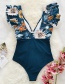 Fashion Yellow And White Print On Blue Background Printed Flying Sleeves Stitching High Waist One-piece Swimsuit