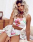 Fashion Pale Pink Flower On White Printed One-shoulder Split Swimsuit