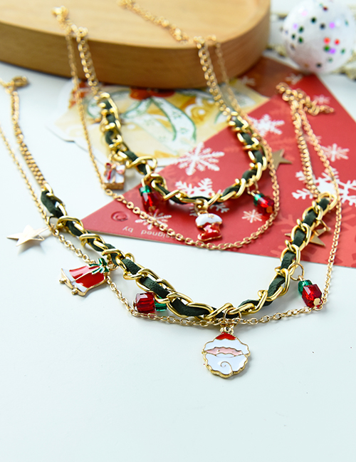 Fashion Bells Alloy Chain Fabric Woven Christmas Tassel Double Necklace