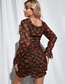 Fashion Brown Printed Woven Pleated Long Sleeve Dress