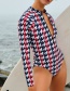 Fashion Black Red Blue Houndstooth Check Stripe Zip One Piece Long Sleeve Swimsuit
