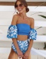 Fashion Blue Pink Flower Floral One-shoulder Split Swimsuit