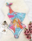Fashion Blue Leaves One-shoulder Strap One-piece Printed Swimsuit