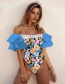 Fashion Pink Blue Flowers On Black Square Neck Lace Print One-piece Swimsuit