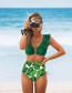 Fashion Green Top + Green Leaves Printed Deep V Strap Ruffled Split Swimsuit