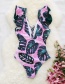Fashion Pink Base Powder Green Leaves Printed Tie Ruffled One-piece Swimsuit