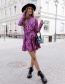 Fashion Black Coffee Floral Print Long-sleeved Lace-up Dress