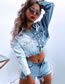 Fashion Denim Blue Ripped Double-pocket Buttoned Cropped Jacket