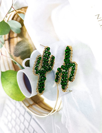 Fashion Green Alloy Diamond Cactus Stud Earrings