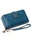 Fashion Blue Oil Wax Leather Sun Flower Buckle Long Zipper Card Holder