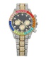 Fashion Between Gold Color And Black Steel Band With Colored Diamonds Three-eye Calendar Watch