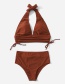 Fashion Coffee Brown Solid Color Halterneck Strap Split Swimsuit