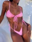 Fashion Pink Flower Solid Color Pleated Lace Split Swimsuit