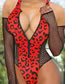 Fashion Red Leopard Zip Mesh Long-sleeved One-piece Swimsuit