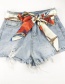 Fashion Off White Woven Printed Silk Scarf With Knotted Ribbon