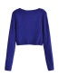 Fashion Blue Knitted V-neck Button-breasted Sweater Coat