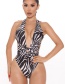 Fashion Zebra Pattern Zebra Pattern Halter Neck Strap One-piece Swimsuit