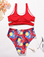 Fashion Red Hollow Sling Print High Waist Split Swimsuit