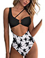 Fashion Black And White Asymmetrical Sling Cutout Print Stitching One-piece Swimsuit