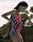 Fashion Red And Blue Colorblock Polka Dot Print One-piece Swimsuit