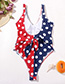 Fashion Red And Blue Colorblock Polka Dot Print One-piece Swimsuit