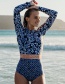Fashion Blue And Yellow Print Printed Long-sleeved One-piece Swimsuit
