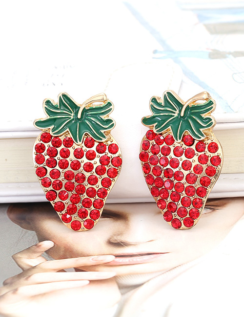Fashion Color Mixing Alloy Full Diamond Strawberry Stud Earrings