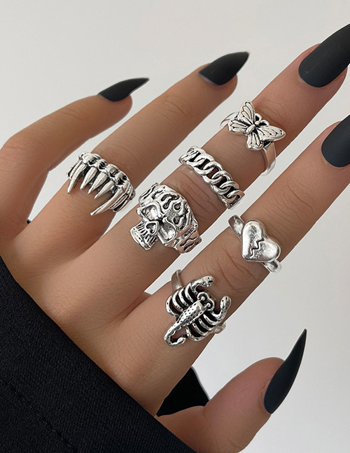 Fashion Silver Color Alloy Fangs Scorpion Skull Love Butterfly Ring Set
