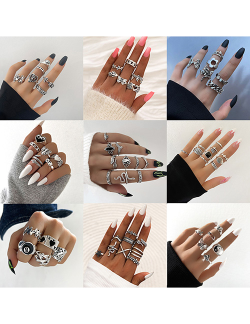 Fashion 10# Alloy Playing Card Butterfly Love Flame Snake Geometric Ring Set