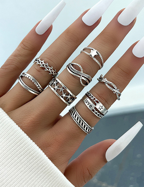 Fashion Silver Color Alloy Hollow Five-pointed Star Letter Thorns Geometric Ring Set
