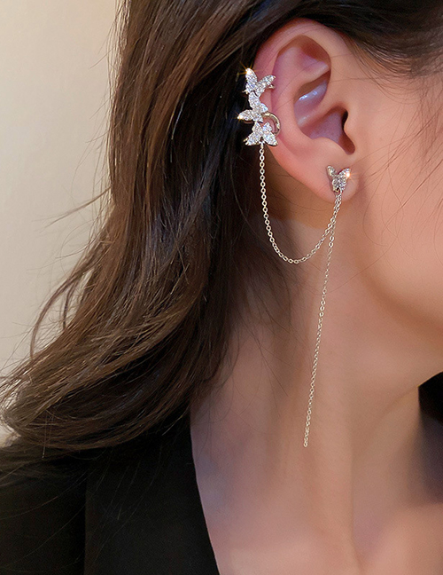 Fashion Silver Color (left Ear Single) Alloy Inlaid Zirconium Butterfly Chain Tassel Earrings