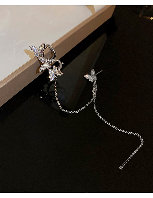 Fashion Silver Color (left Ear Single) Alloy Inlaid Zirconium Butterfly Chain Tassel Earrings