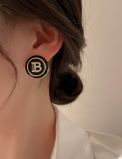 Fashion Letter B (black) Alloy Dripping Geometric Letter Round Earrings