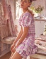 Fashion Pink Plaid Pleated Square Neck Puff Sleeve Top