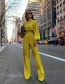 Fashion Yellow Solid Color High Neck Puff Sleeve Top Straight Trousers Suit