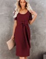 Fashion Red Wine Pure Color Round Neck Lace Dress