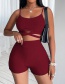 Fashion Red Wine Cutout Suspender Shorts Set