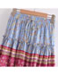 Fashion Blue Square Neck Pleated Print Skirt Set