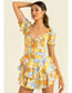 Fashion Yellow Flower Printed Square Neck Tie Layered Dress