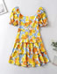 Fashion Yellow Flower Printed Square Neck Tie Layered Dress